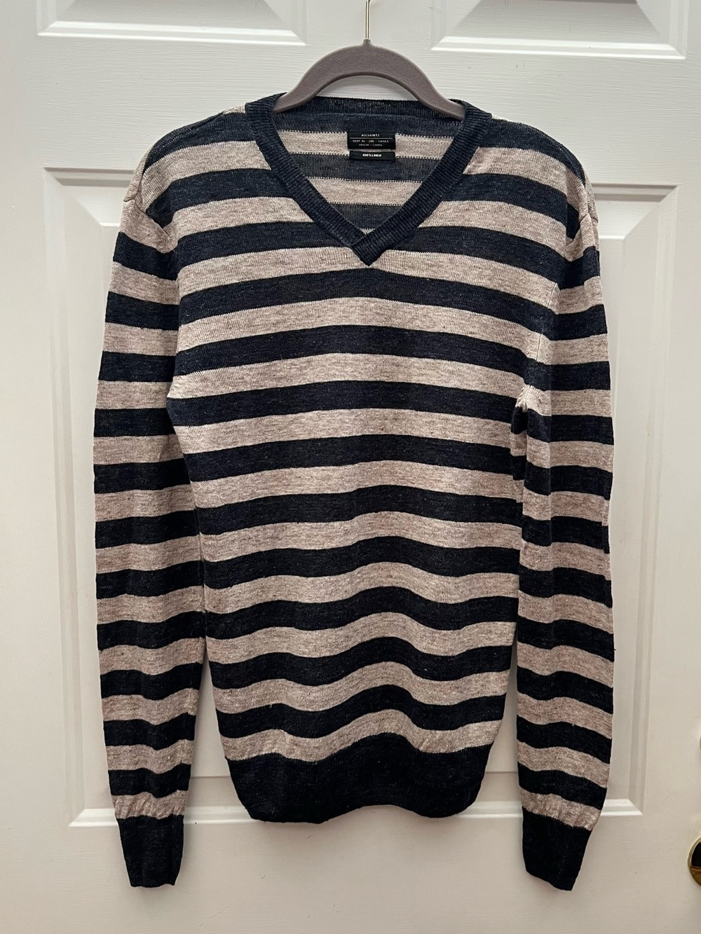 All Saints men’s striped navy/oatmeal  linen sweater size small